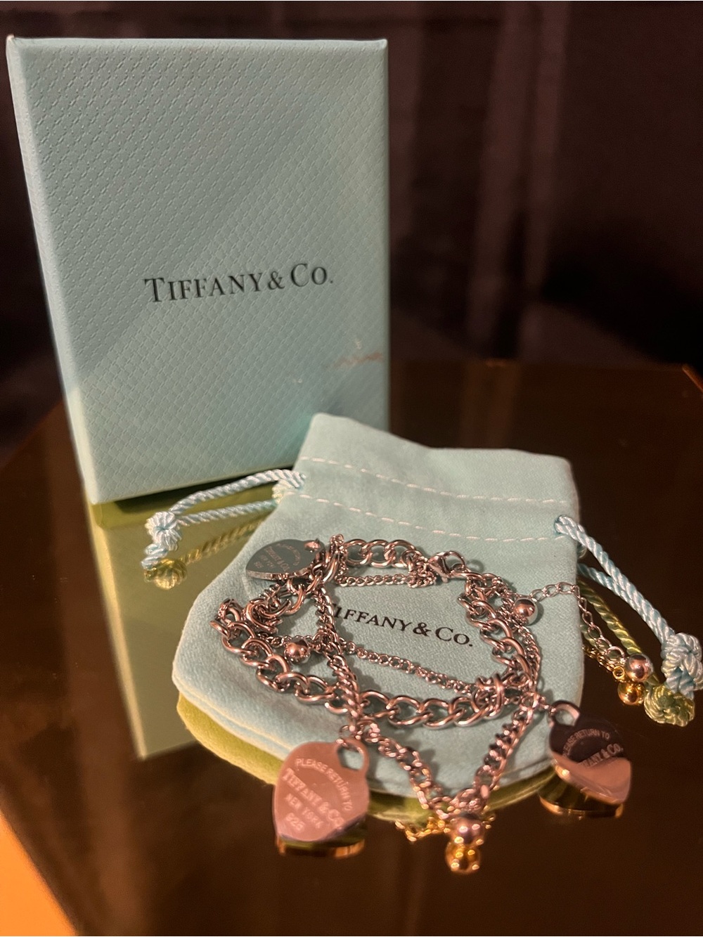 Tiffany & Co. 925 Triple Heart Tag Multi-Chain Bracelet (Box and Dust Bag)